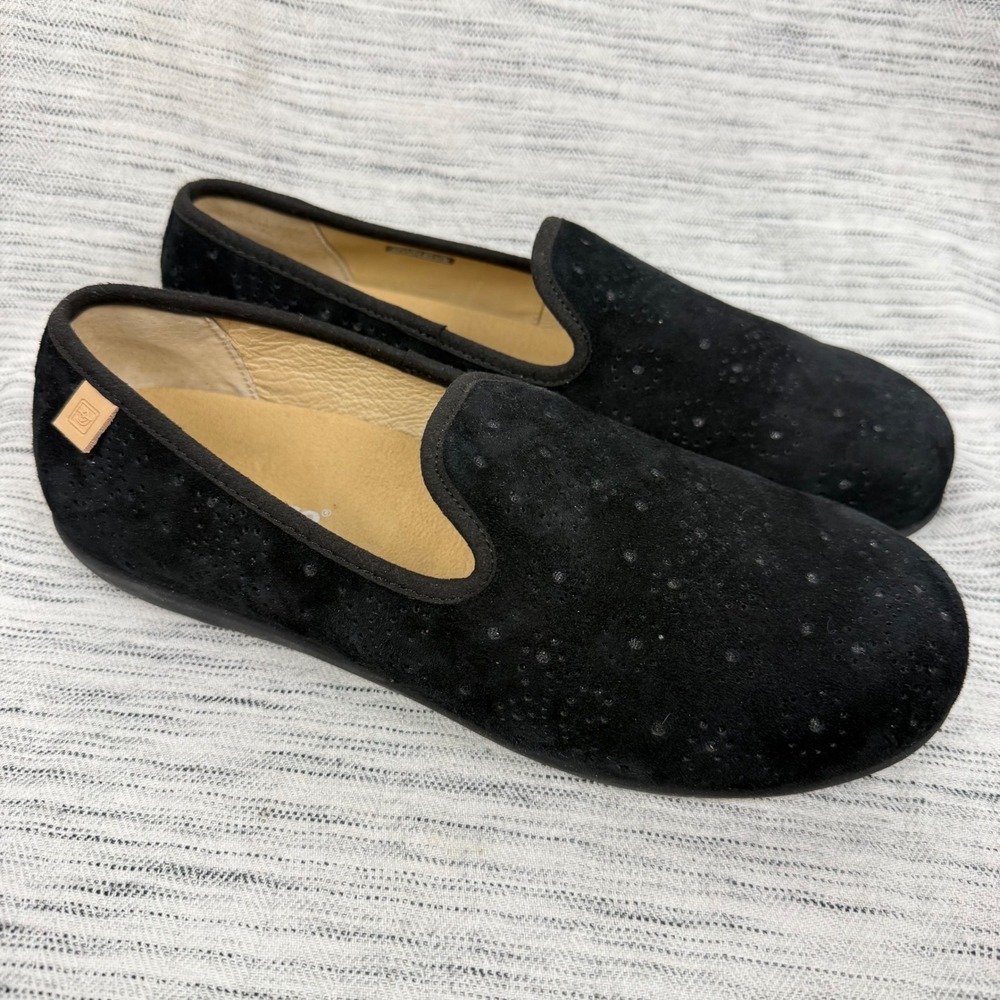 Spenco Black Suede Slip On Loafers 9.5 Comfort Basic Minimalist Capsule WIDE